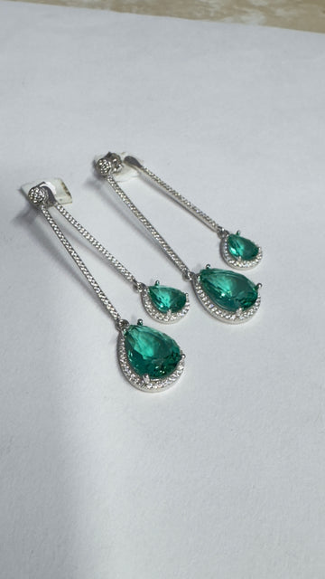 Green Zirconia Long Dangler Earrings 92.5 Sterling Silver
