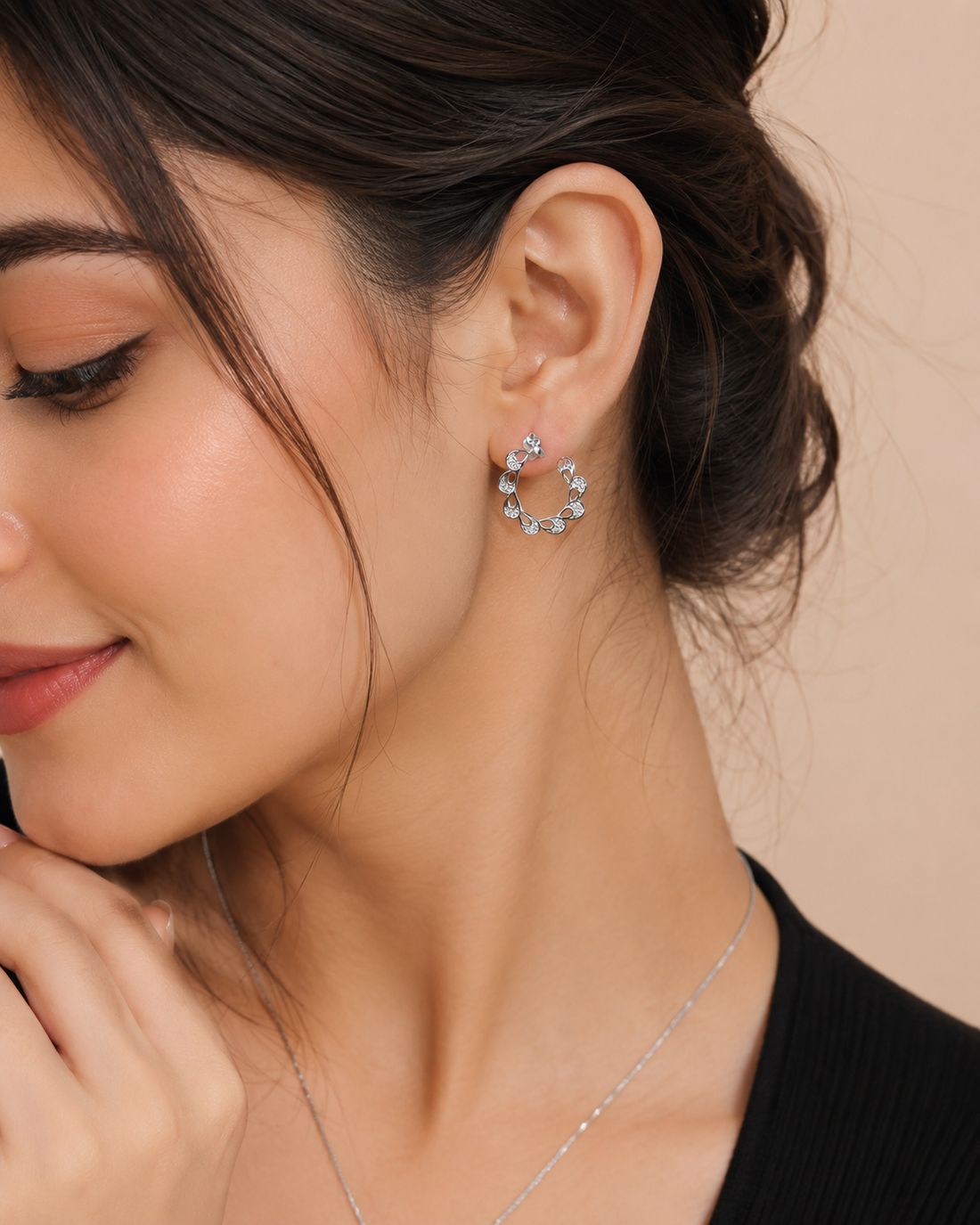 Leaf-Design Studded Silver Hoop Earrings – 92.5