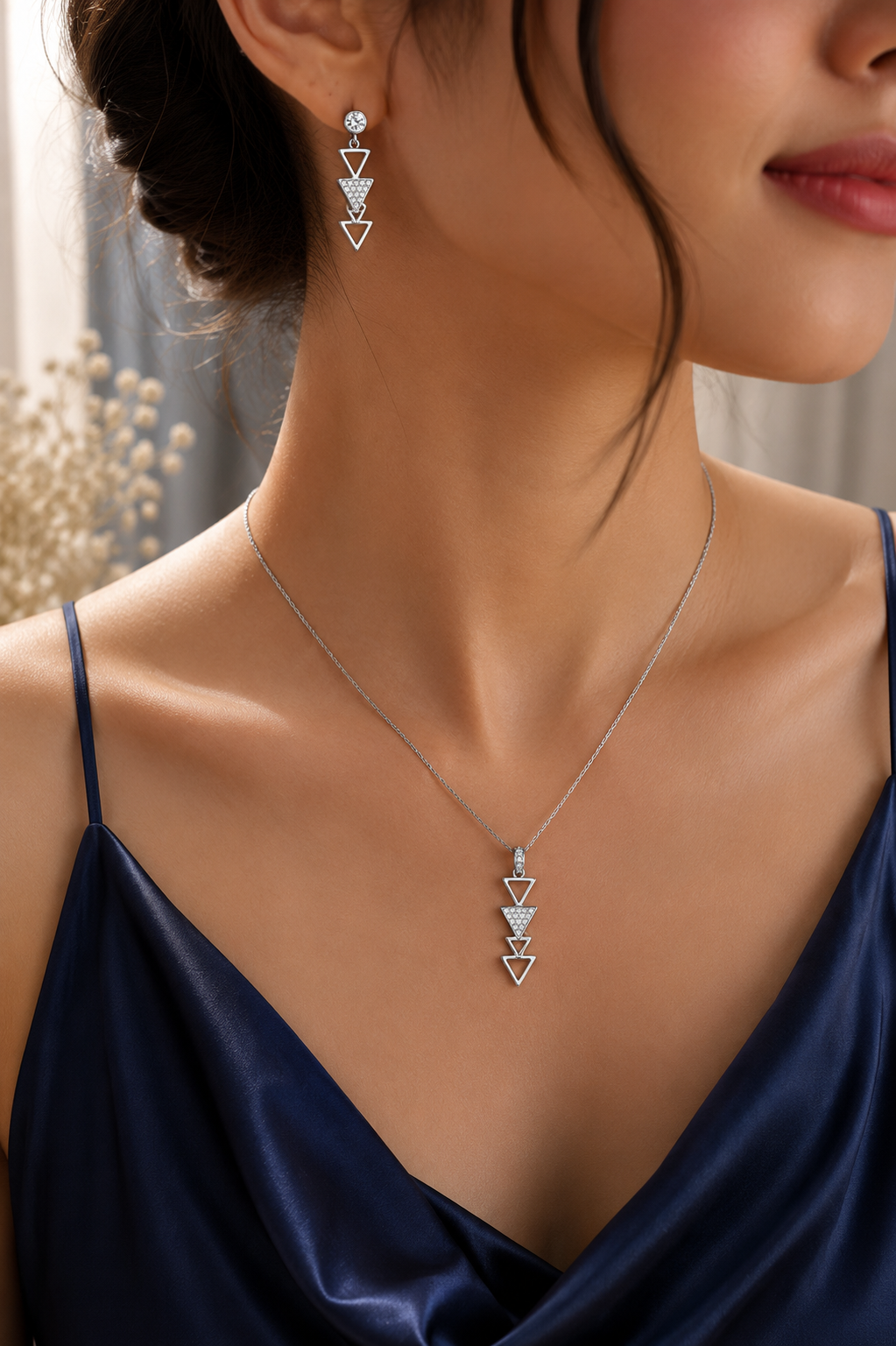 Three triangle pendent set with studded sarvoski in 92.5 HM Silver