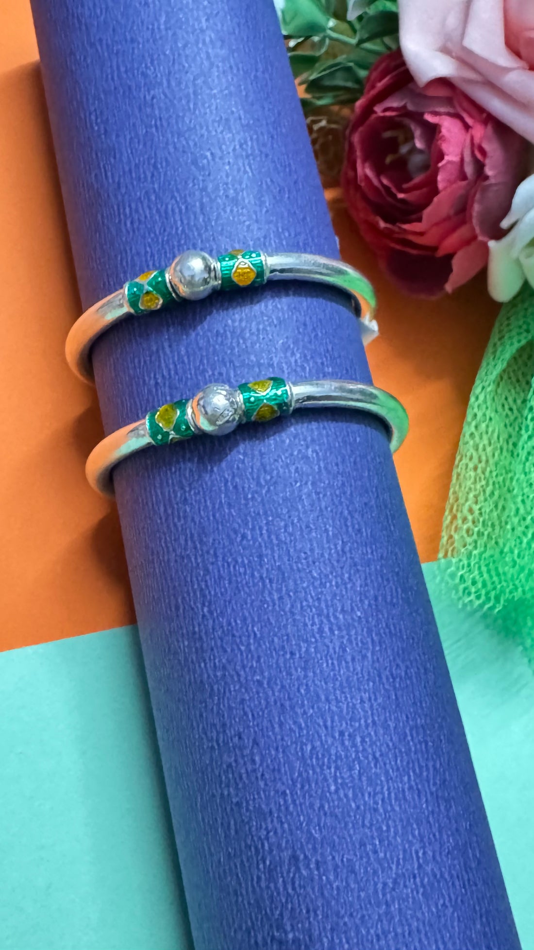 Traditional Silver Baby Kara – Colorful Enamel Openable Kada