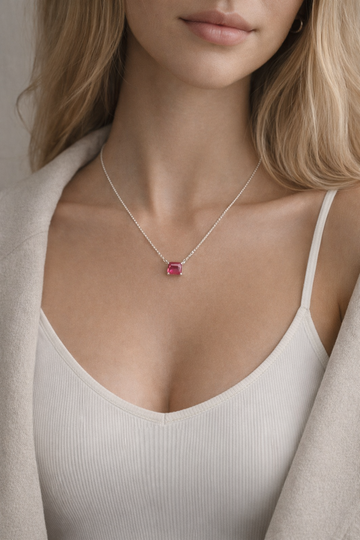 Beautiful chain pendant red stone in square shape with plan chain in HM Silver