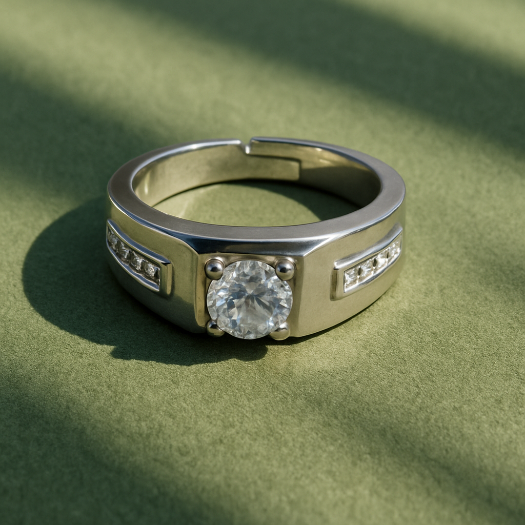 Silver ring with a diamond on a green fabric background