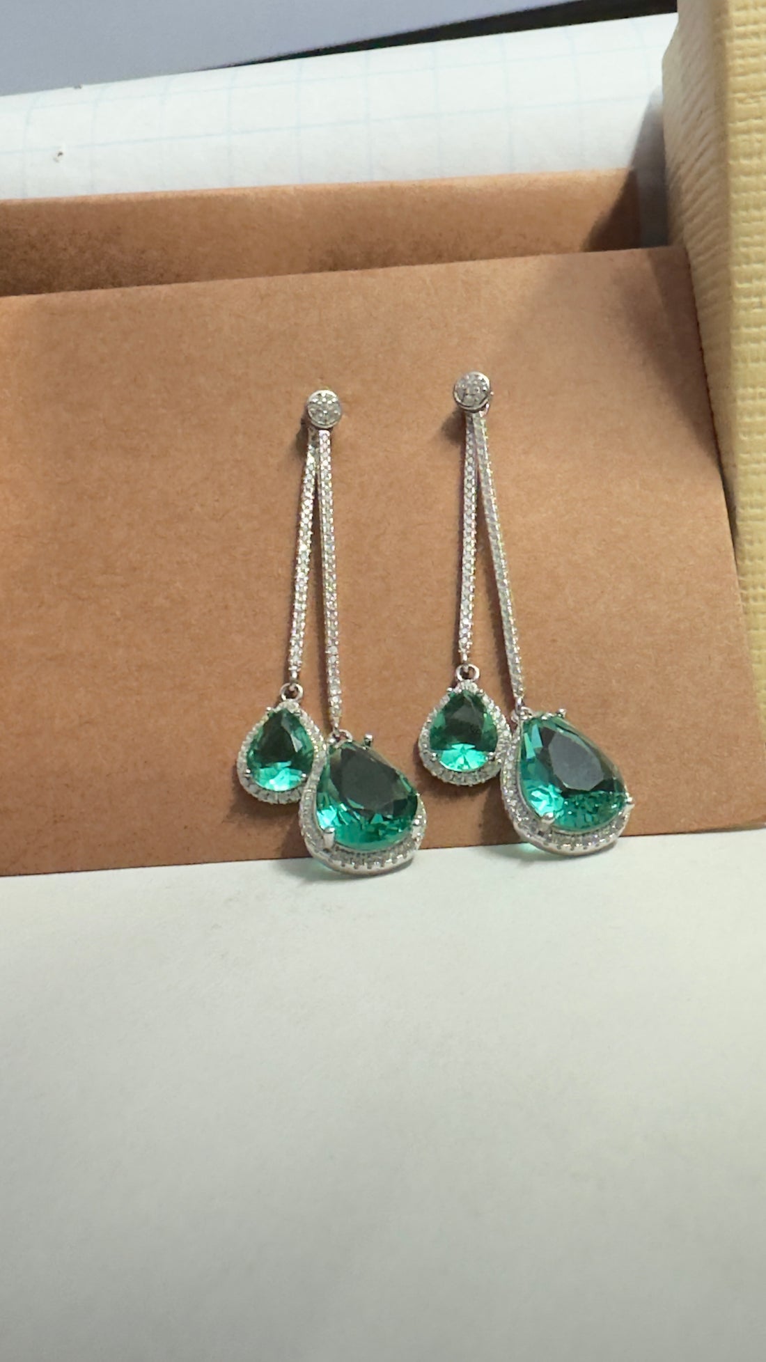 Green Zirconia Long Dangler Earrings 92.5 Sterling Silver