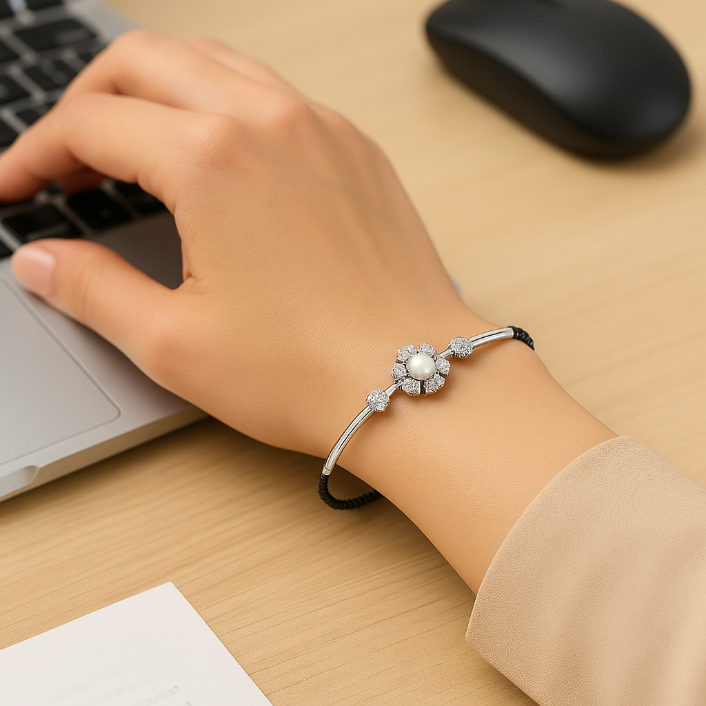 Nazariya Mangalsutra Style Black Bead Bangle Bracelet in 92.5 Sterling Silver with Pearl & CZ Flower