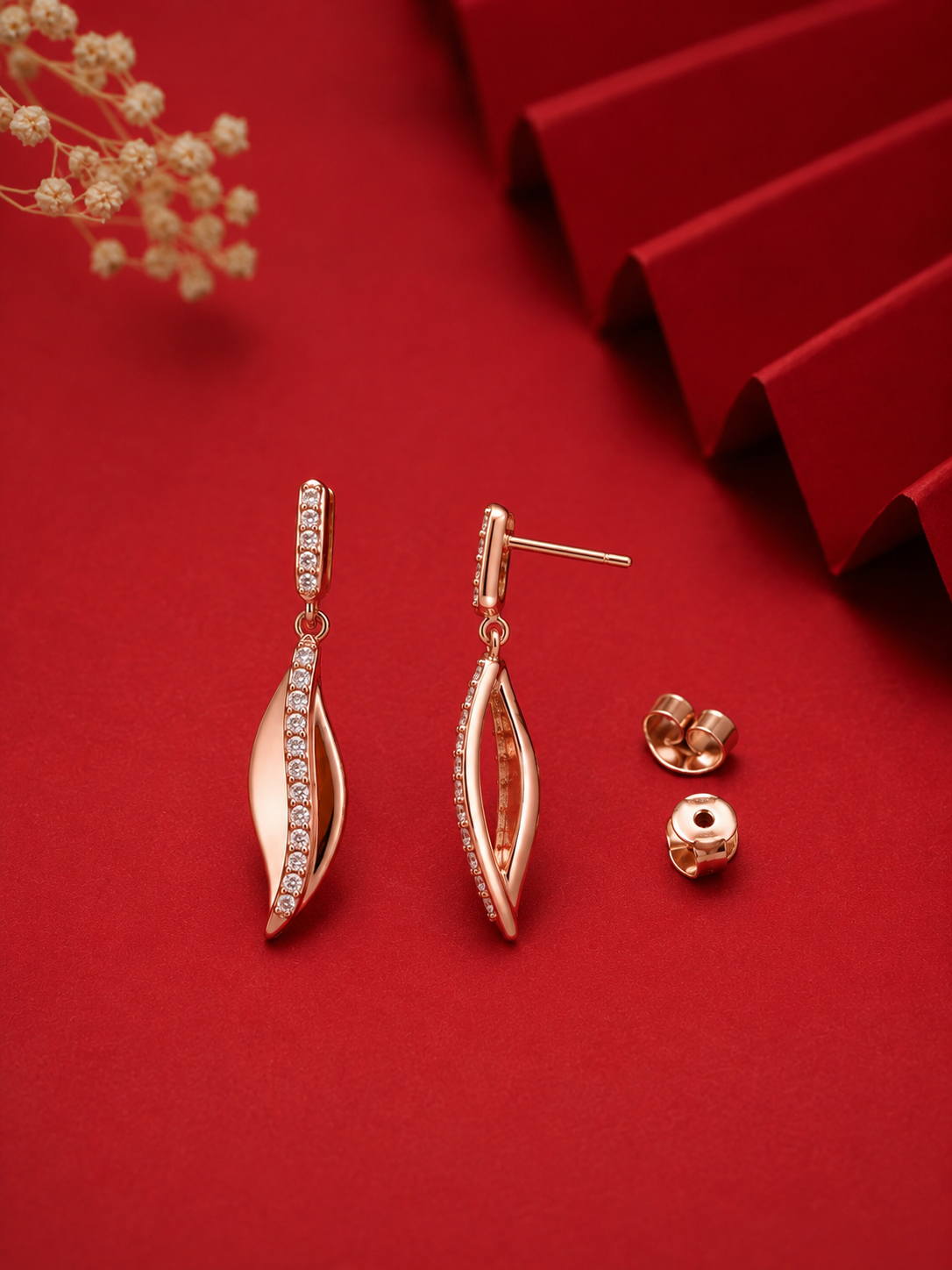925 Sterling Silver Rose Gold CZ Leaf Drop Earrings for Women