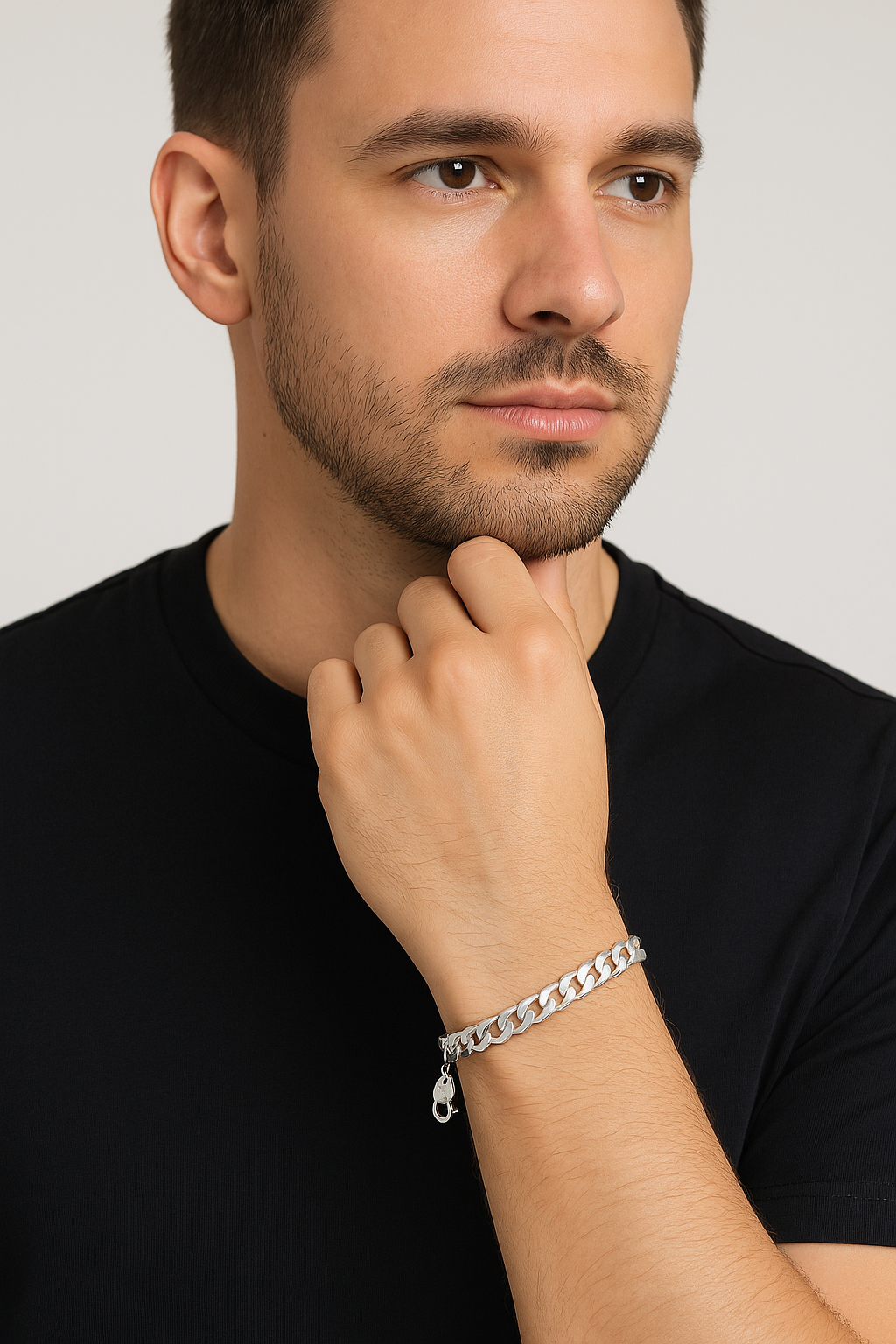Man wearing a silver bracelet
