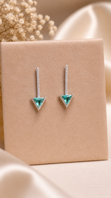 Elegant Drop Earrings with Triangular Teal Gemstone – Modern Design in 92.5 Sterling Silver