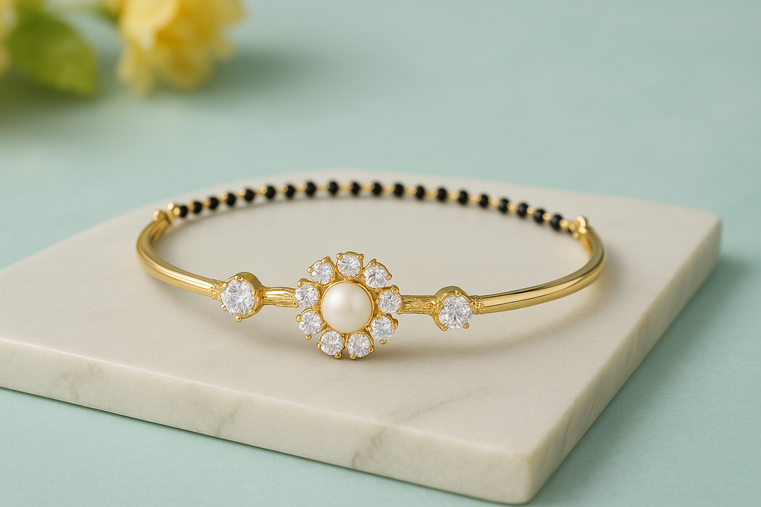 92.5 Gold Polished Najariya Bracelet featuring a white pearl and CZ stone floral design