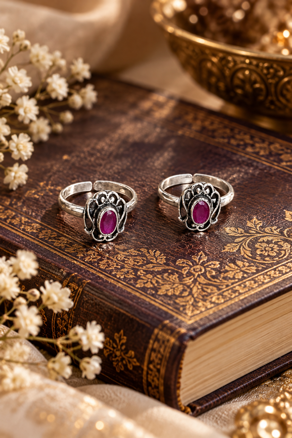 92.5 Sterling Silver Antique Cut Stone Toe Rings for Women with Pink Gemstone