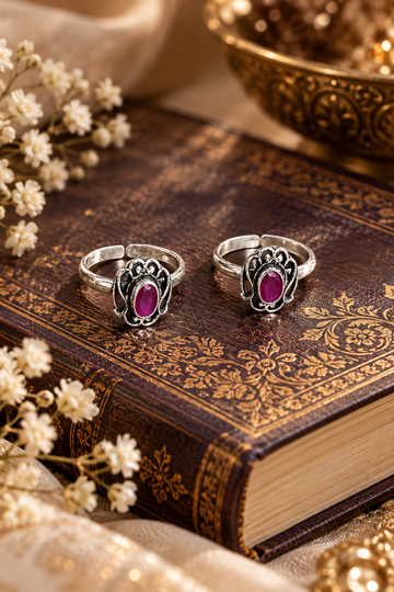 92.5 Sterling Silver Antique Cut Stone Toe Rings for Women with Pink Gemstone