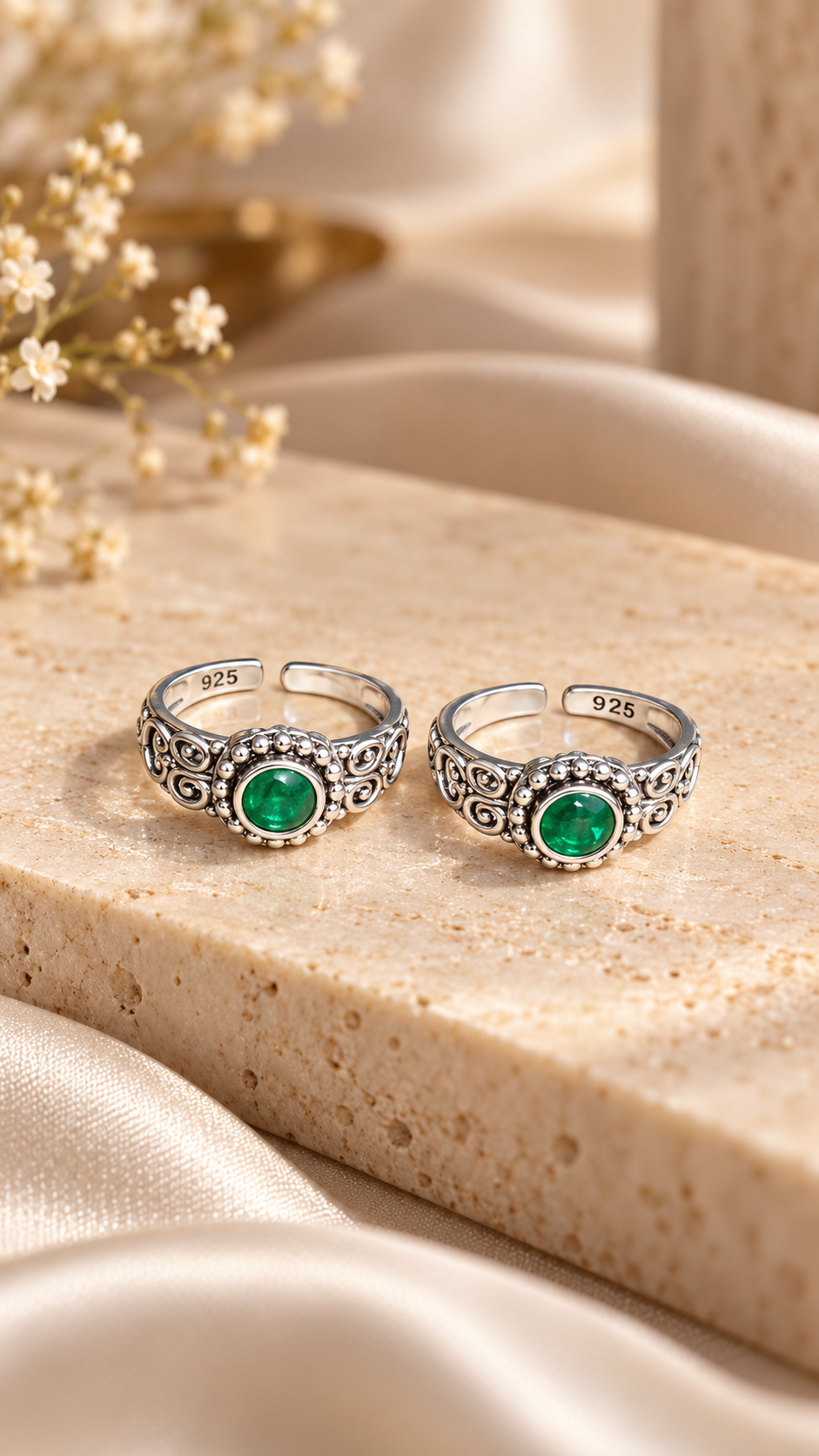 92.5 sterling silver green stone toe rings for women antique design