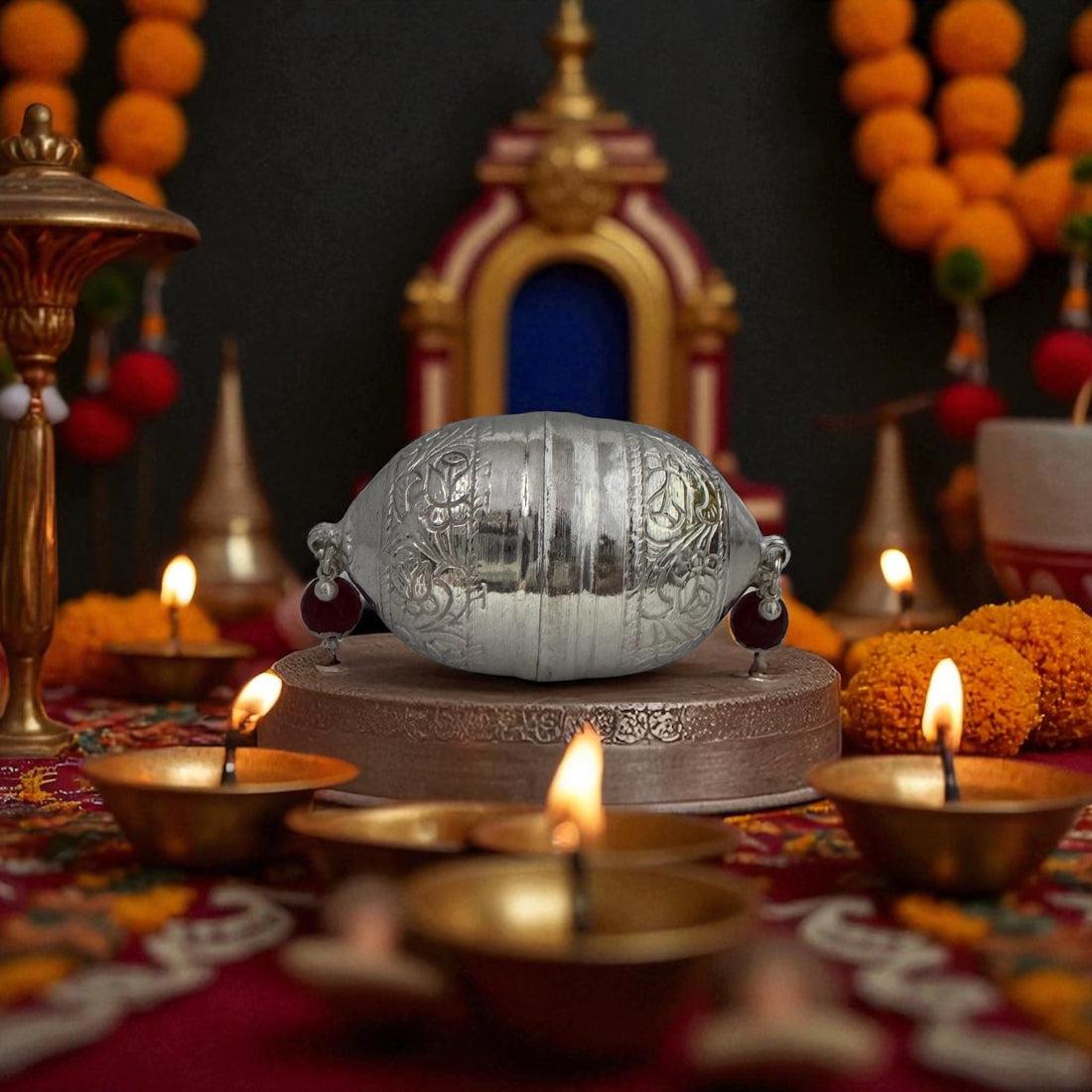 925 sterling silver engraved nariyal with floral design and red beads for pooja rituals