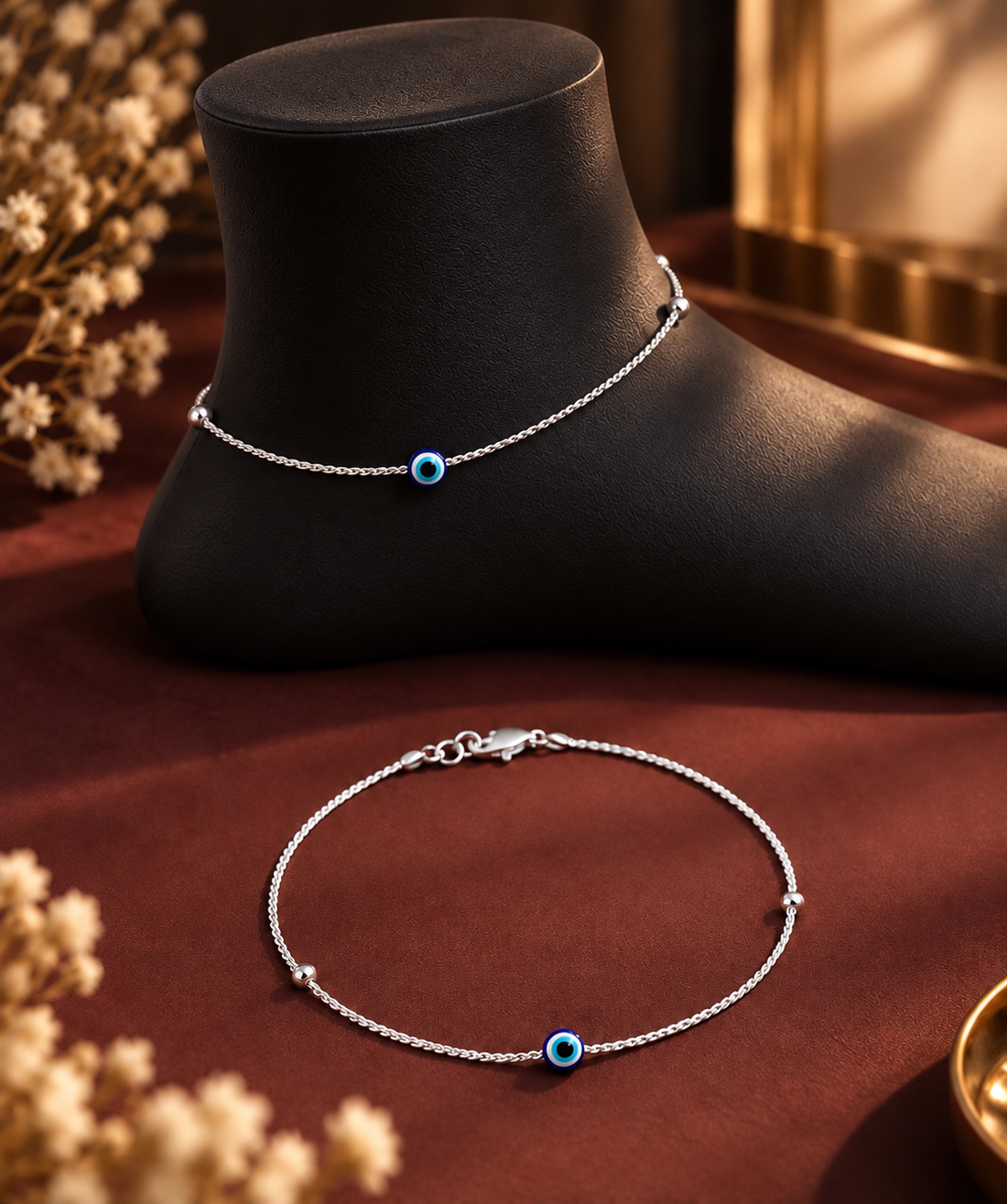 925 Sterling Silver Evil Eye Anklet Pair for Women and Girls