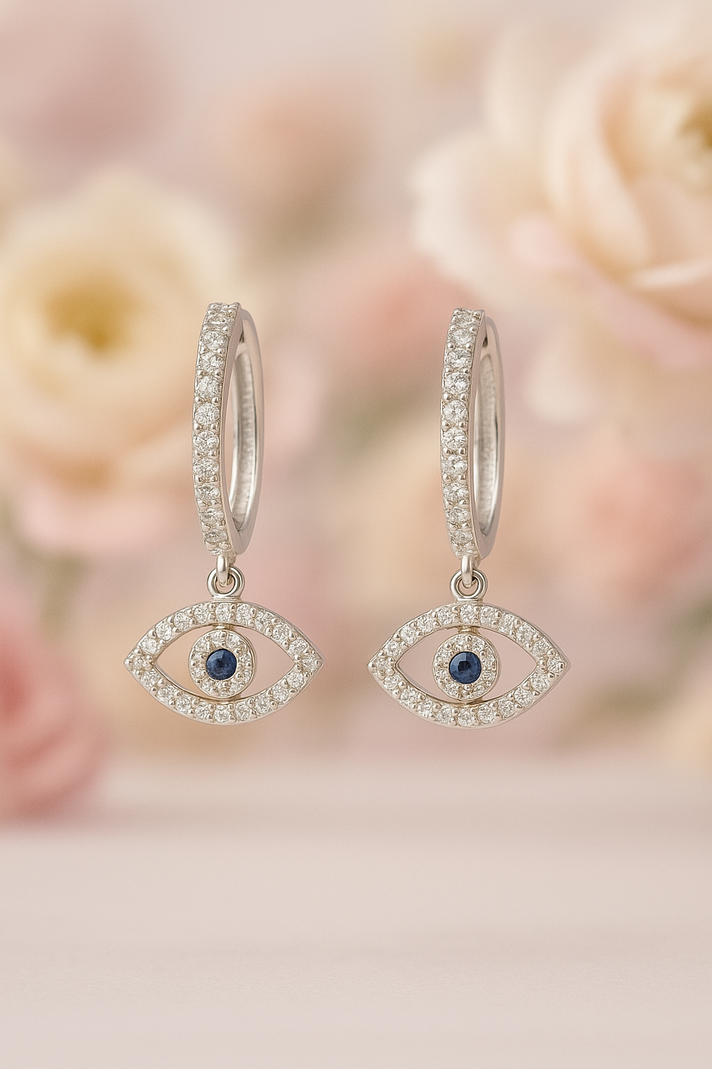 925 Sterling Silver Evil Eye Hoop Earrings with Blue Stone & Zircon