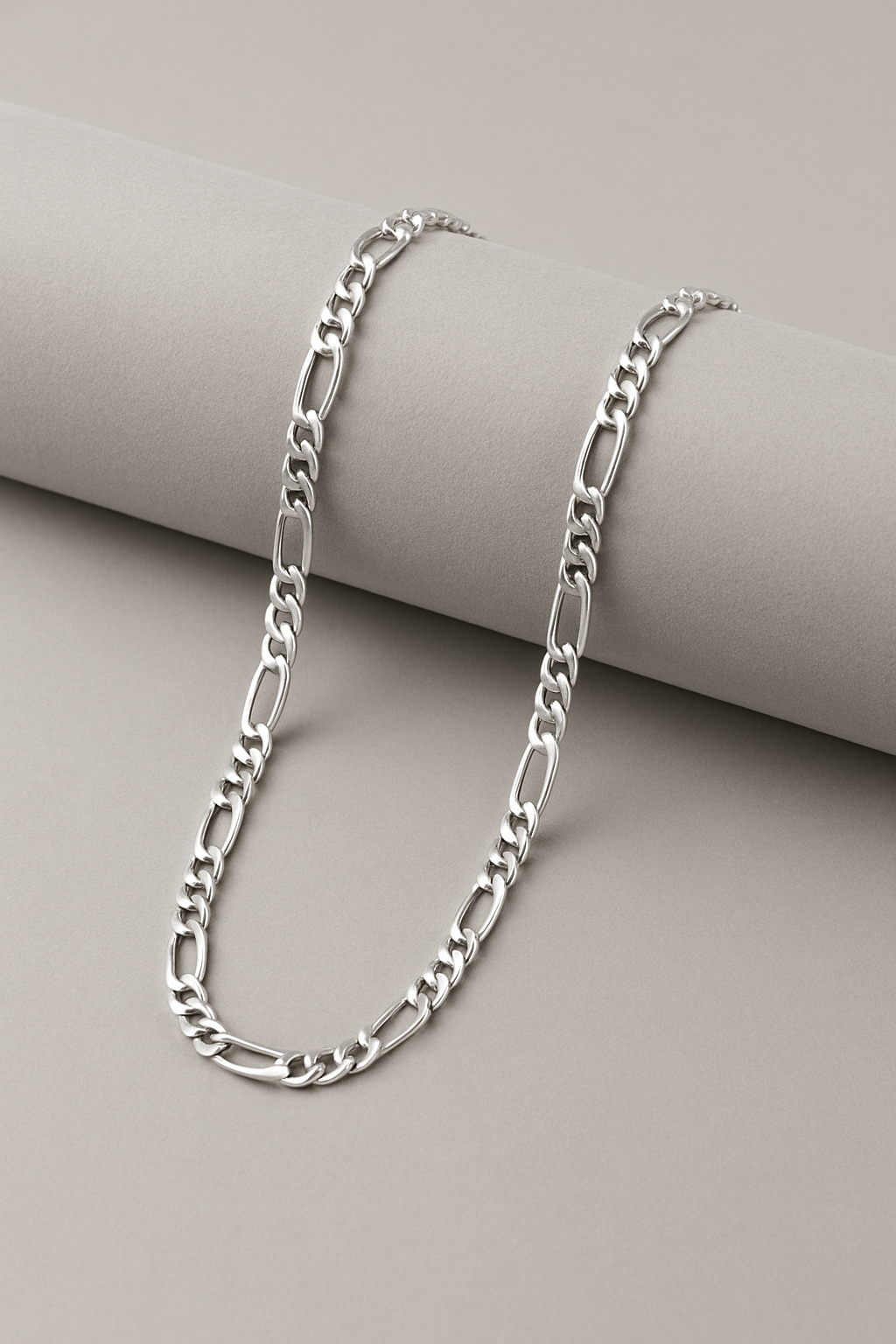 925 Sterling Silver Figaro Chain Necklace on Soft Matte Grey Background