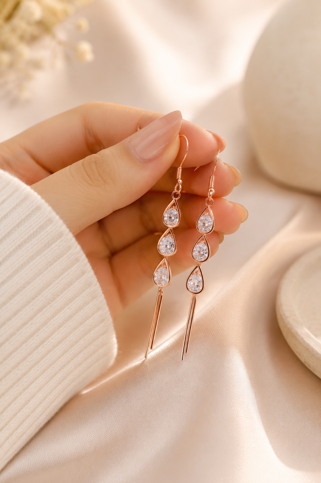 Rose Gold Polish 925 Sterling Silver Triple Teardrop Earrings