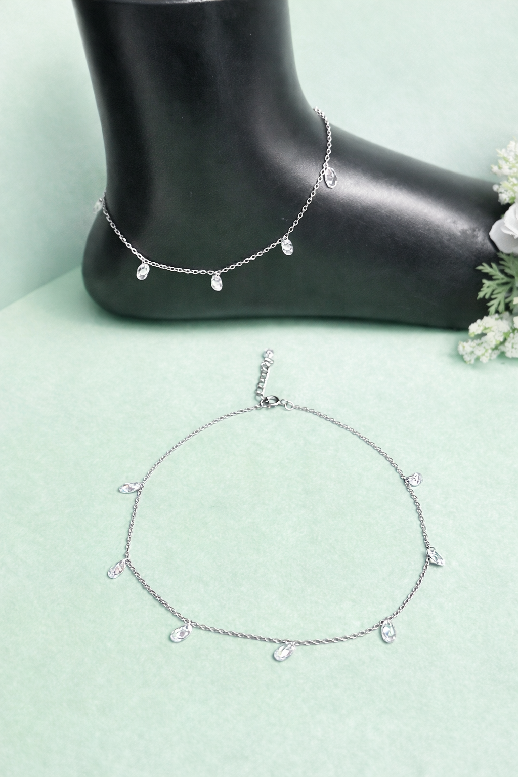 crystal silver anklet adjustable fit
