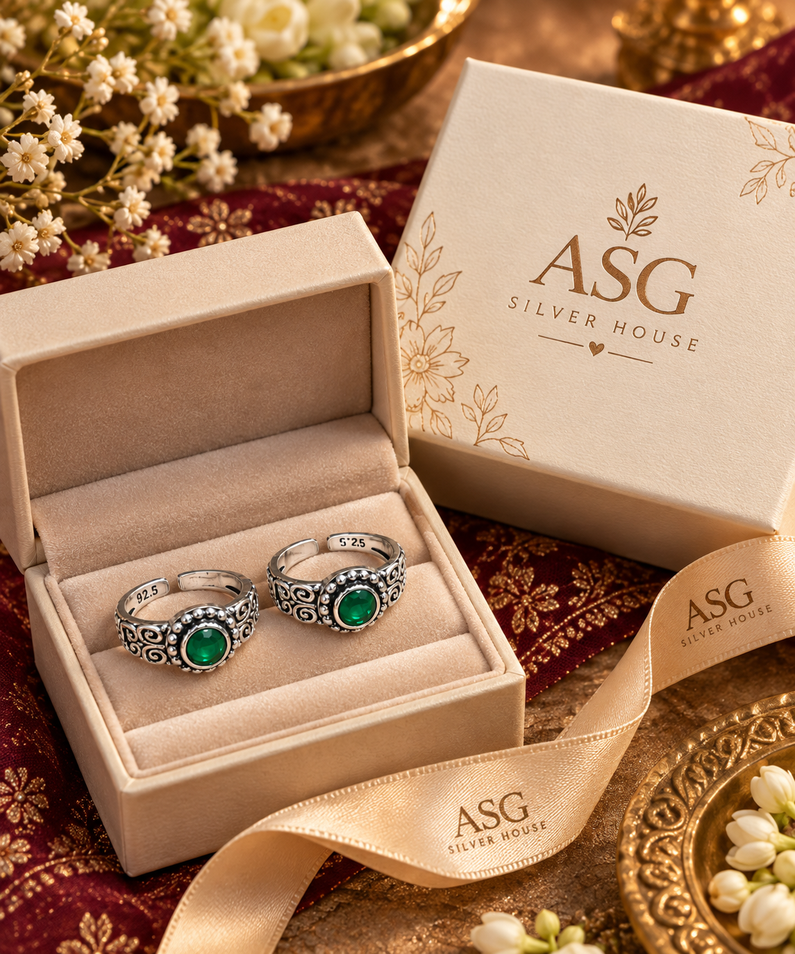 925 sterling silver green stone toe rings with antique finish