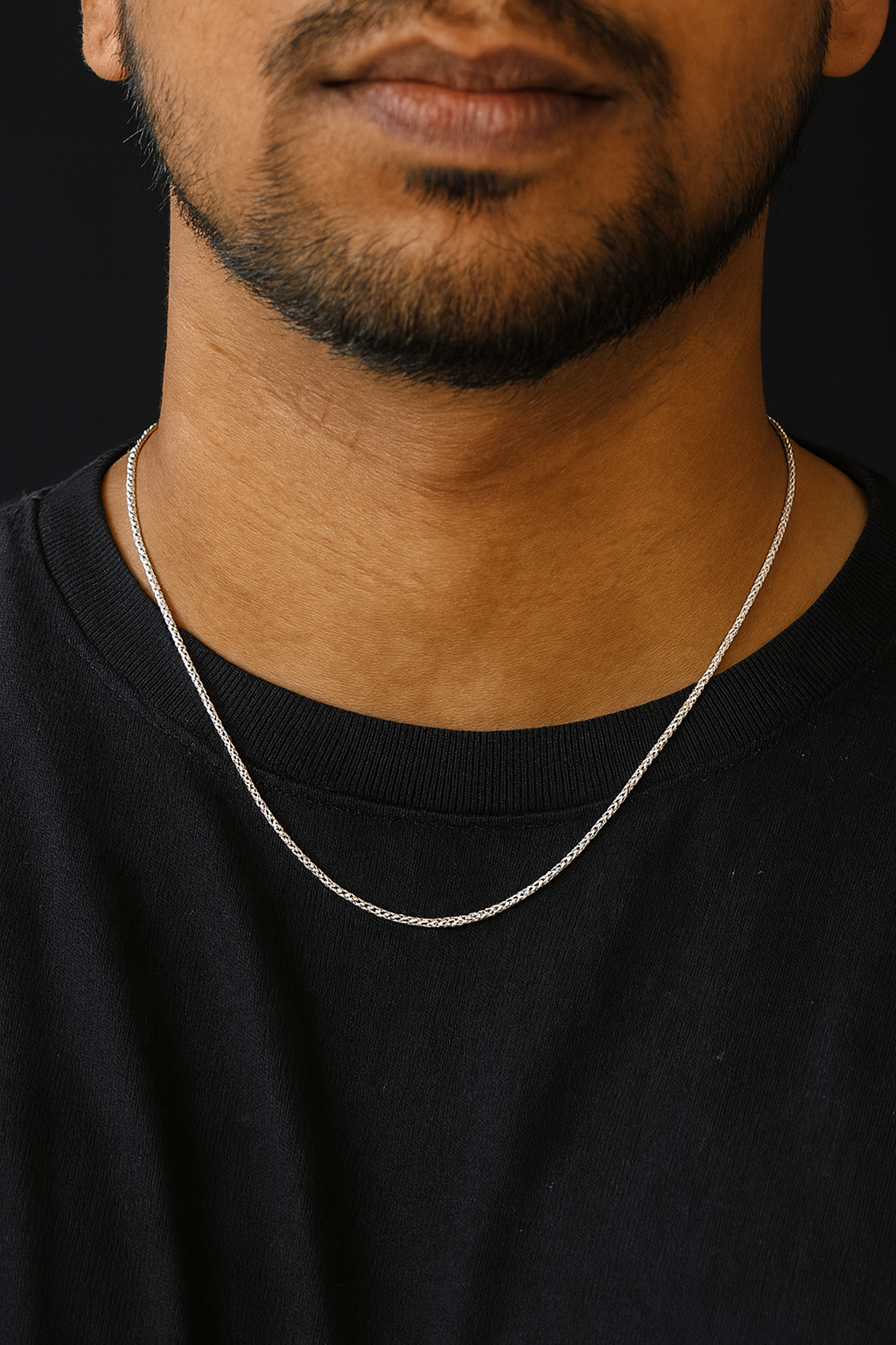925 sterling silver men’s chain necklace with link box design on grey background