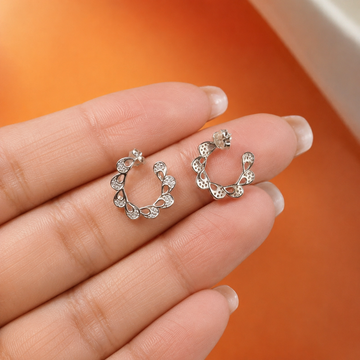 Leaf-Design Studded Silver Hoop Earrings – 92.5
