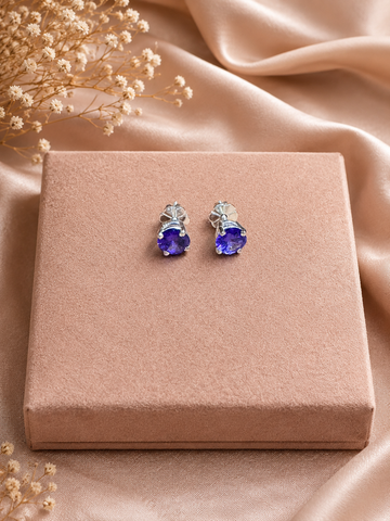 Purple Semi Precious Amethyst Stud Earrings, Sterling Silver, Classic Round-Cut Design