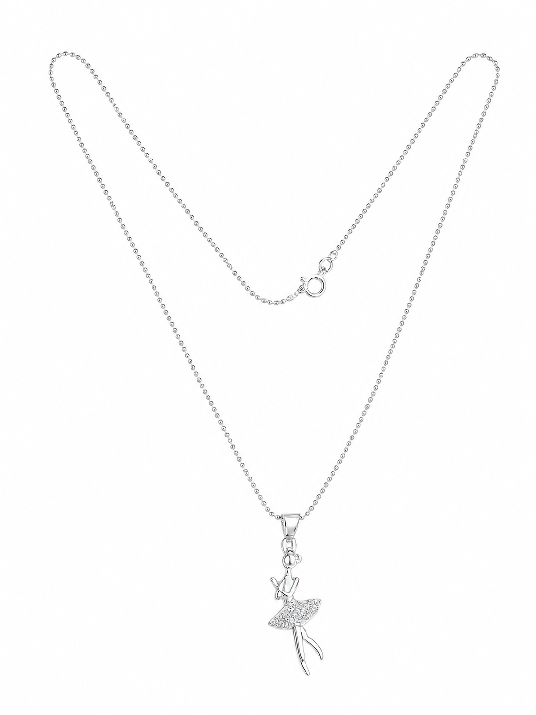 Silver necklace with a fairy pendant on a white background