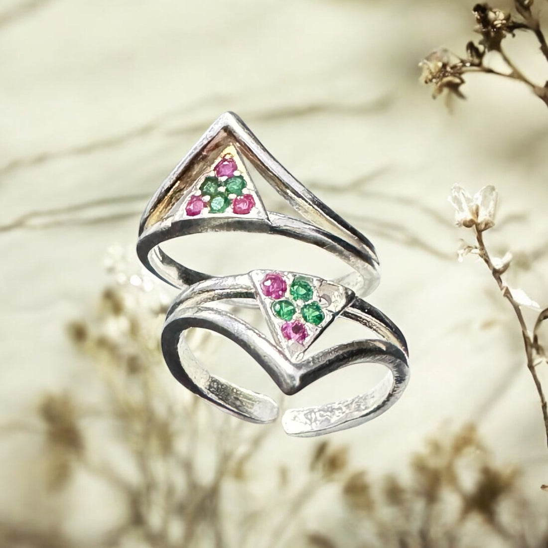 Sterling silver Meena work triangle ring