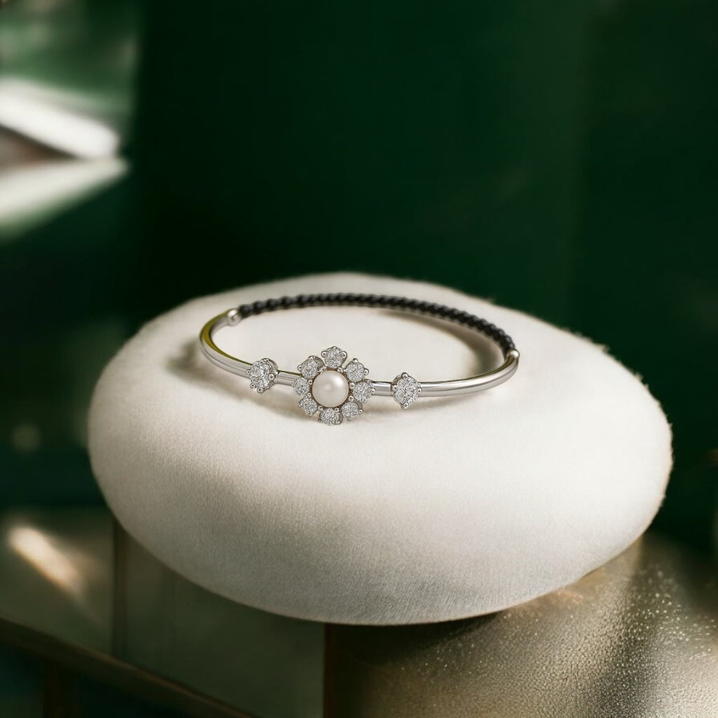Adjustable Hallmarked Silver Bangle Bracelet Jewellery with Black Beads and Pearl Flower Design