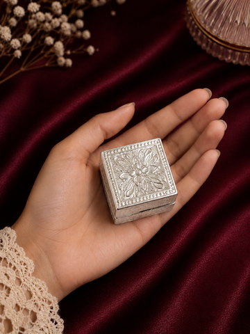 Pure 925 Sterling Silver Sindoor Dani | Square Self Print Sindur Dibbi | Floral Design Chandi Sindoor Box | Pooja & Decorative Gift for Women