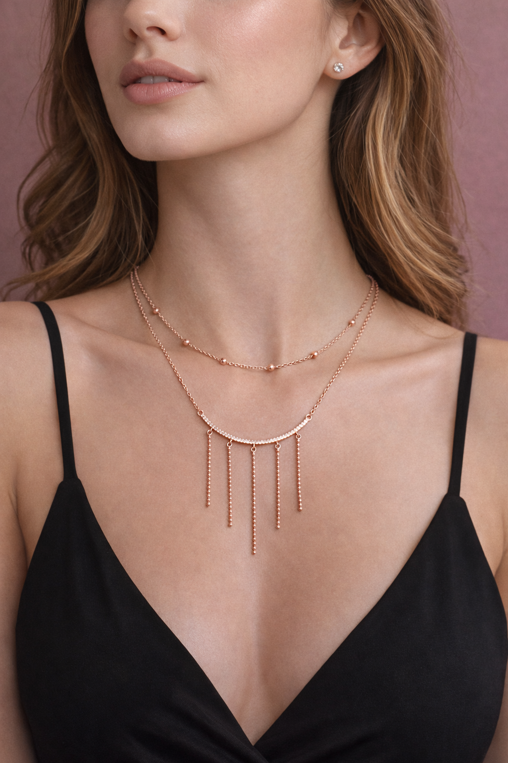 Double layers Rose Gold polish Tassel Swarovski Studded Chain 925 Rhodium