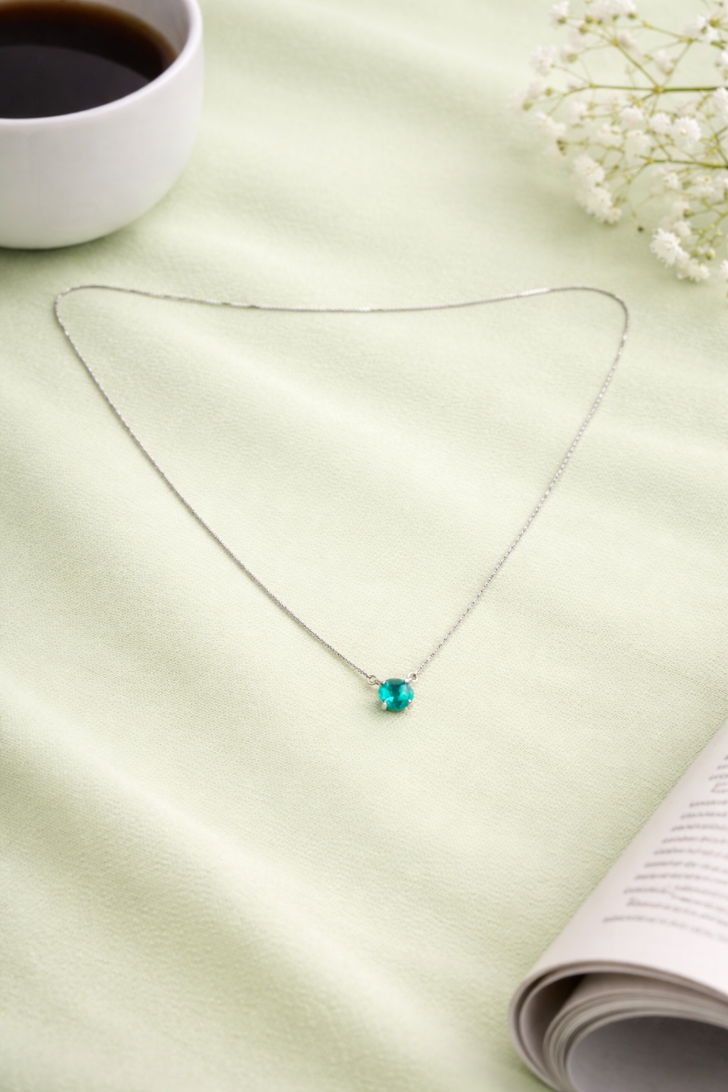 Stunning chain pendant set with light sea green stone in circle shape in 92.5 HM Silver