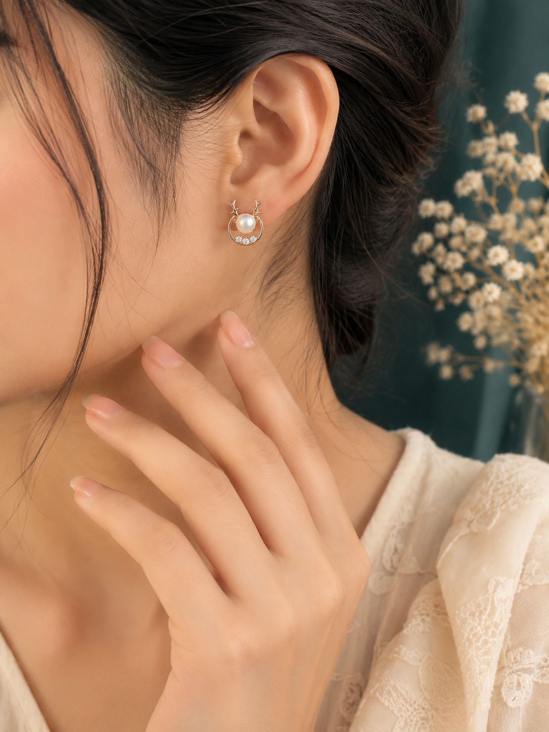 Cute Deer Antler Design Pearl Earrings for Women