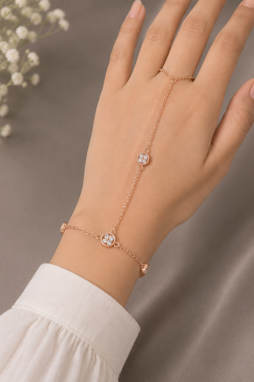 Rose Gold Floral Finger Chain and bracelet in 925 Silver Bracelets