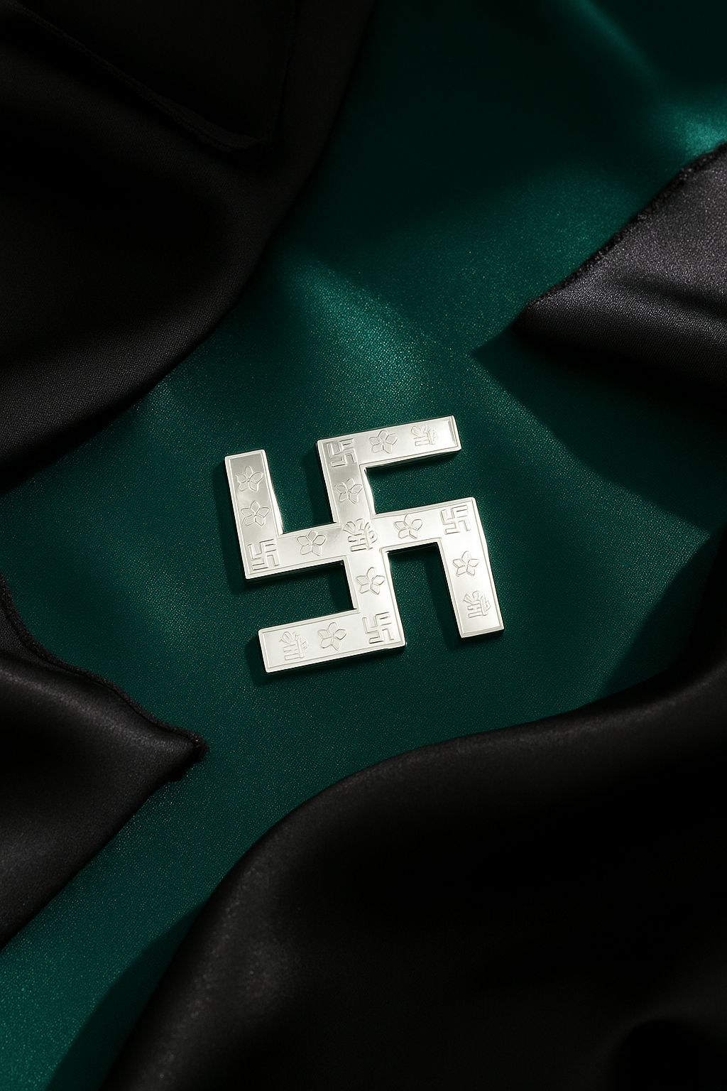 Silver Swastik Symbol with Floral Engraving – Auspicious Home Decor Piece