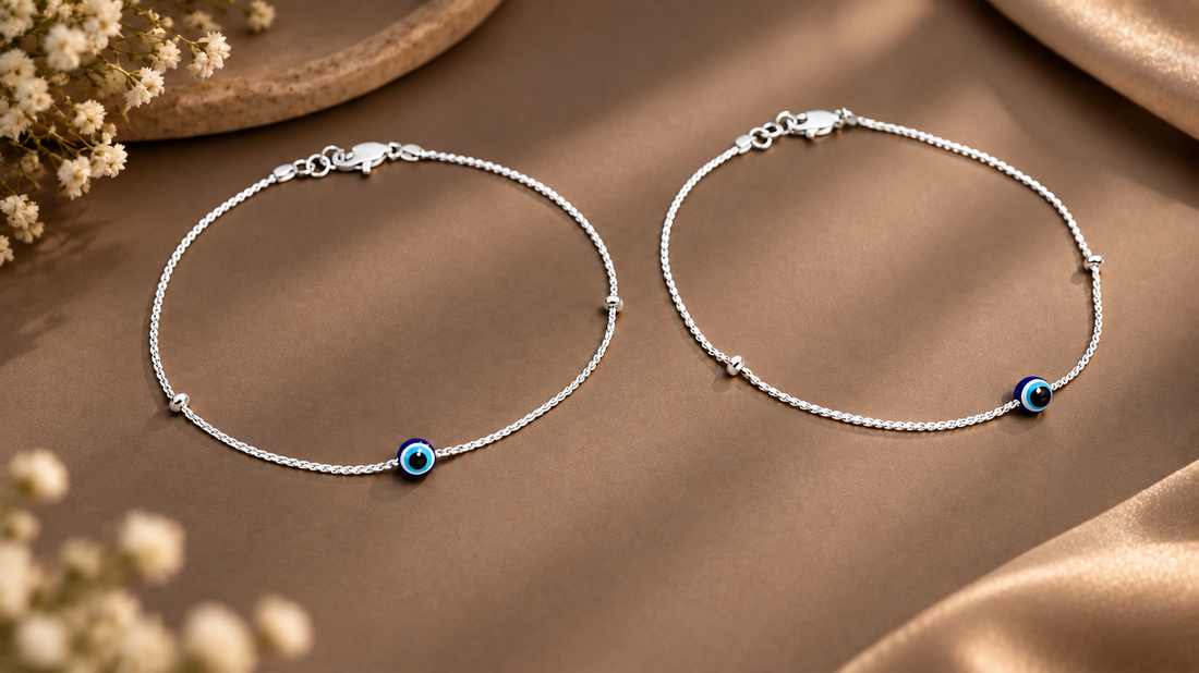 925 Sterling Silver Evil Eye Anklet Pair for Women and Girls