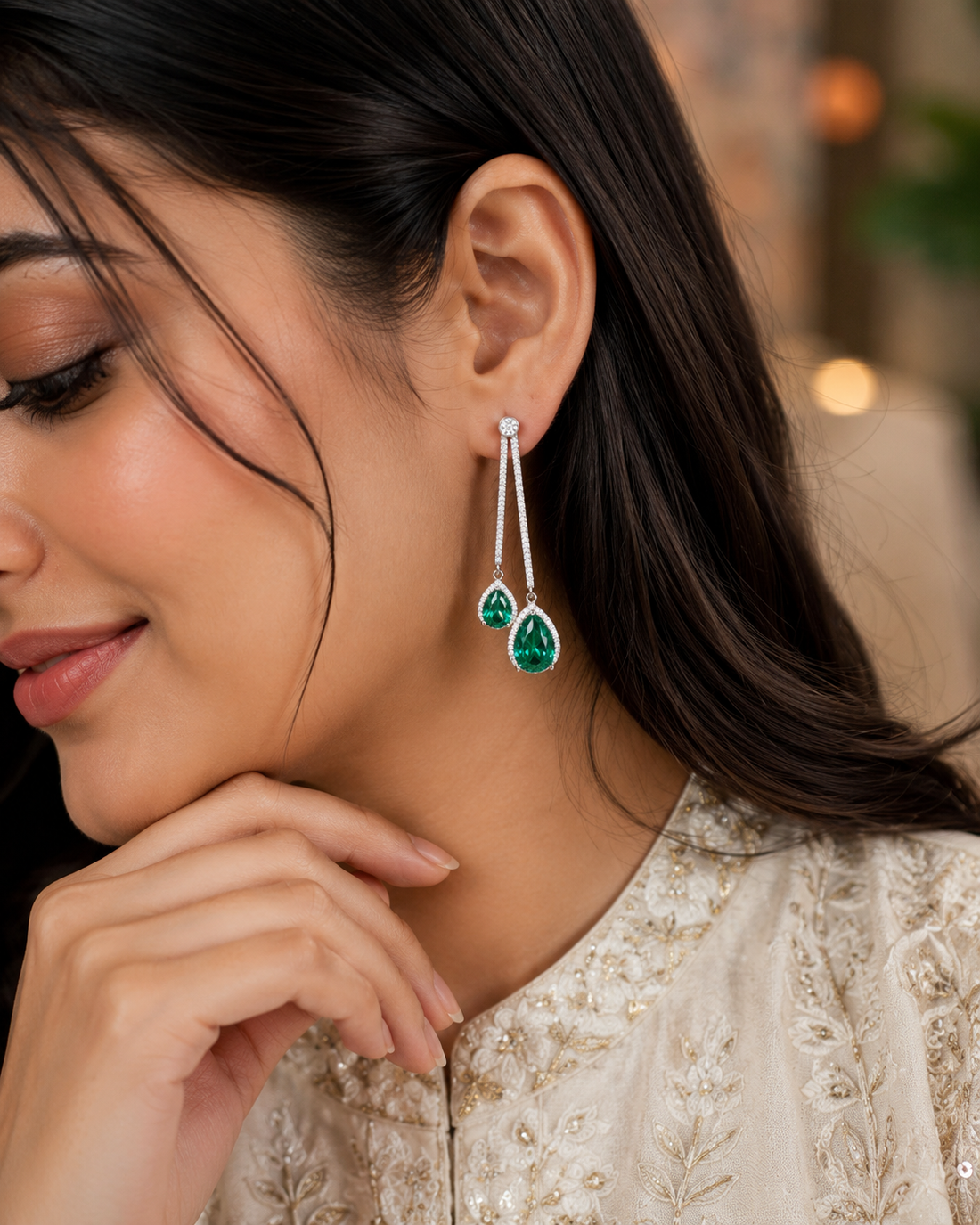 92.5 Sterling Silver Green Stone Long Dangle Earrings for Women