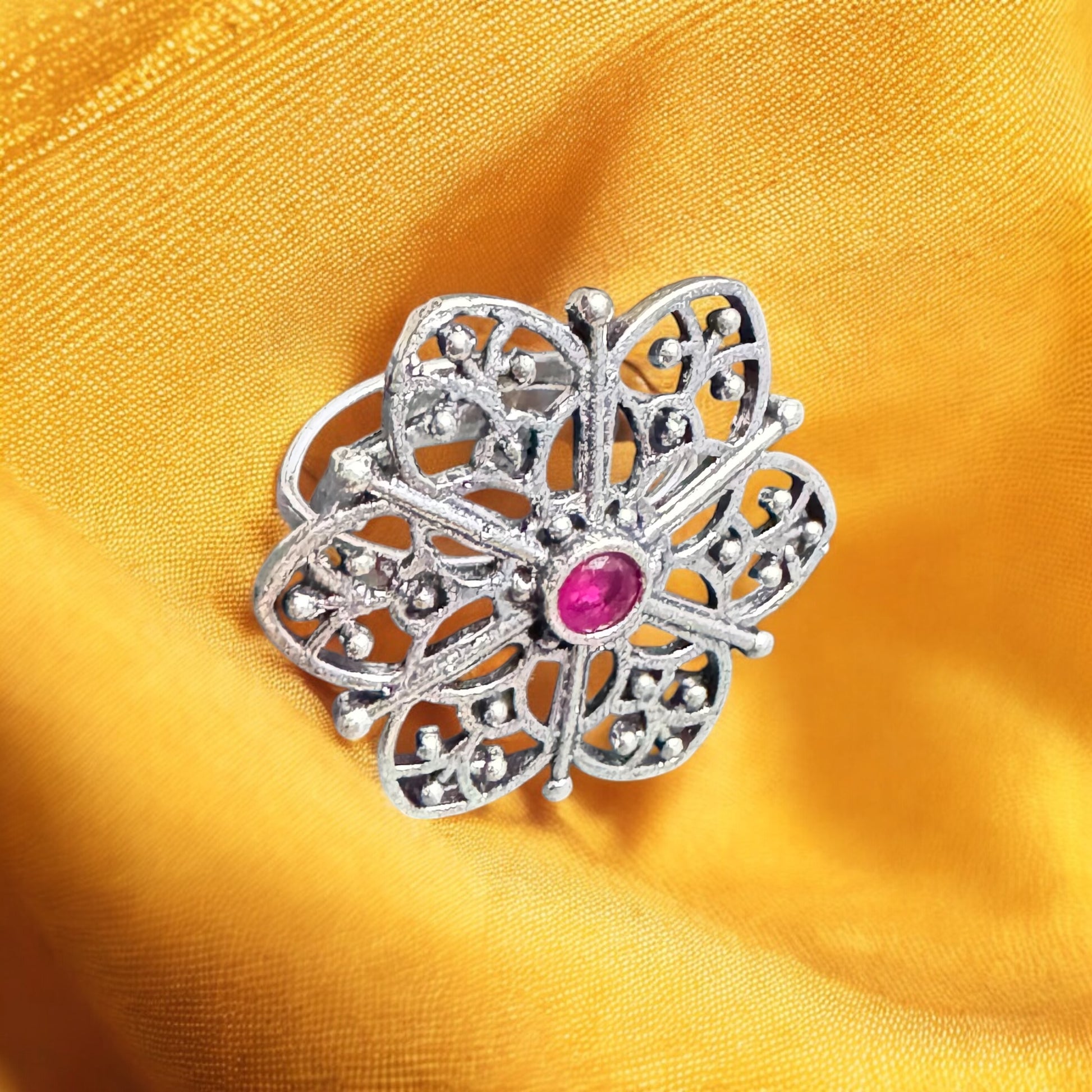 Elegant Silver Flower Ring with Ruby Stone – Perfect for Women & Gift in 92.5 HM Silver