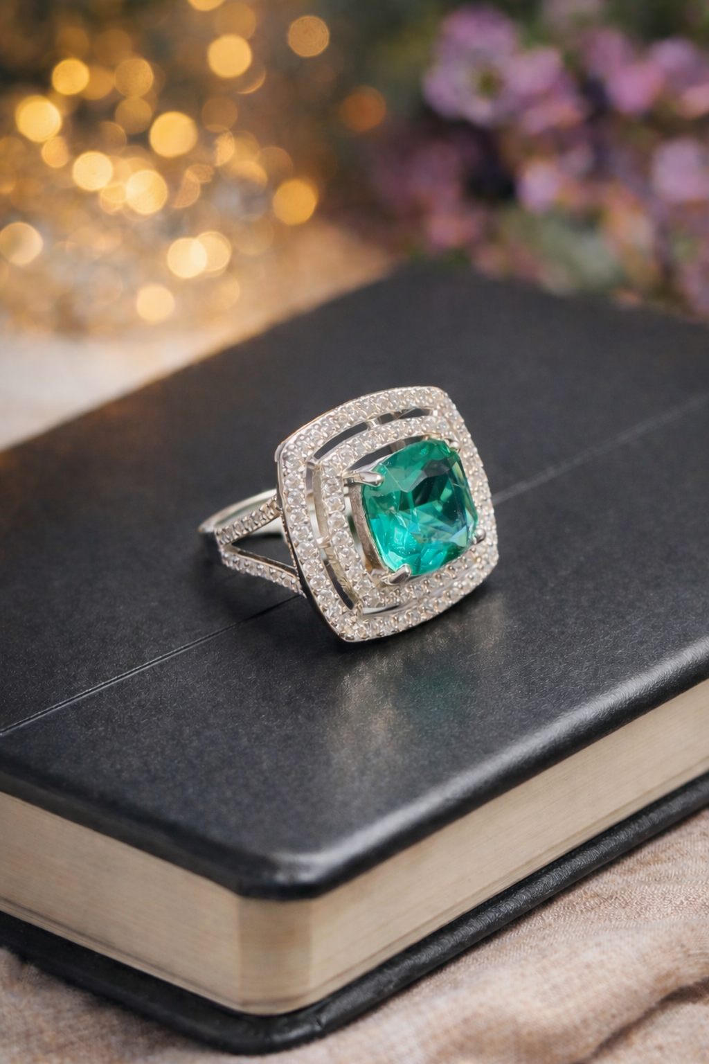 Emerald ring with diamond accents on a black book with blurred lights and flowers in the background