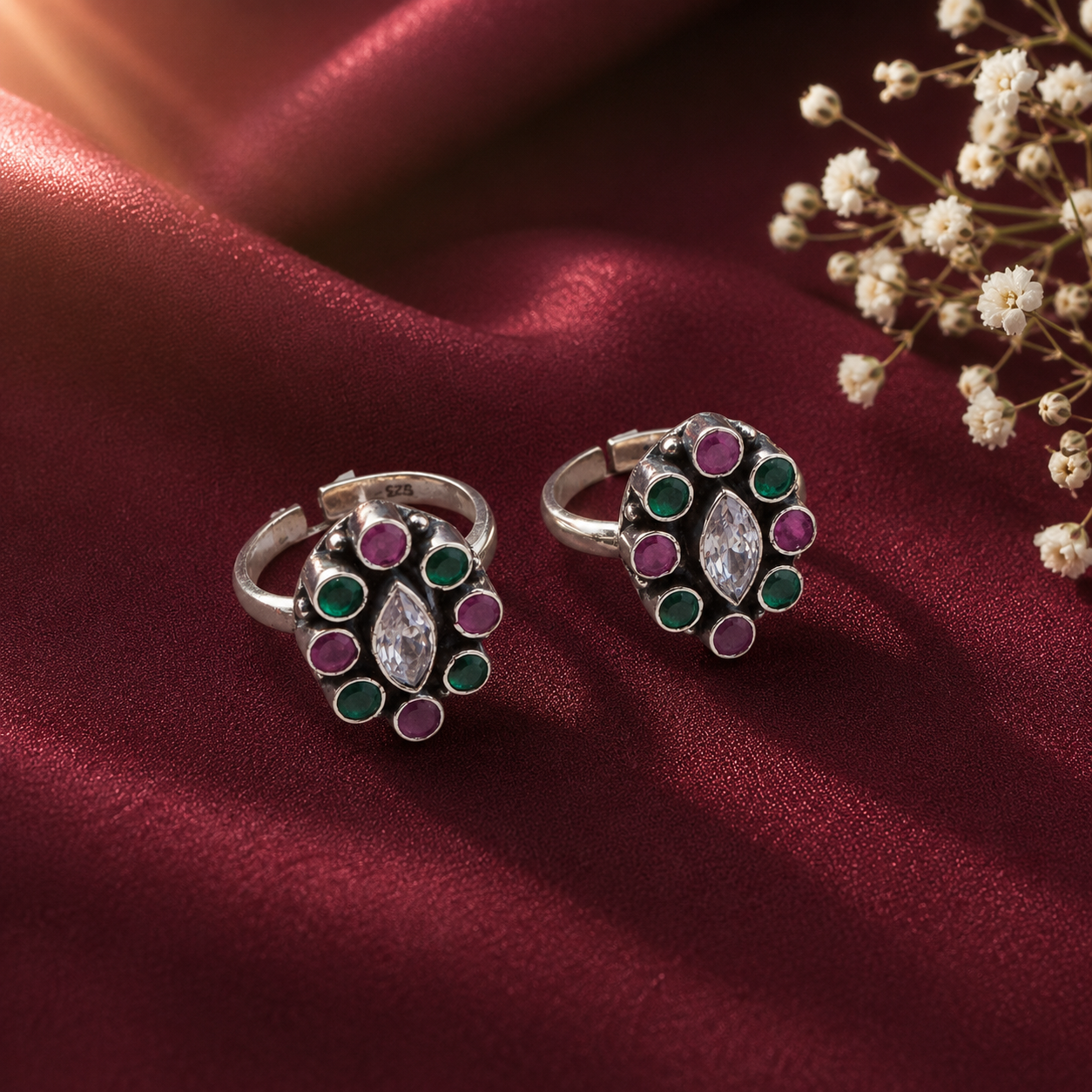 Ethnic Floral Design Silver Toe Rings for Women