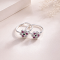 Floral Silver Toe Ring Pair with Pink and Green Stones