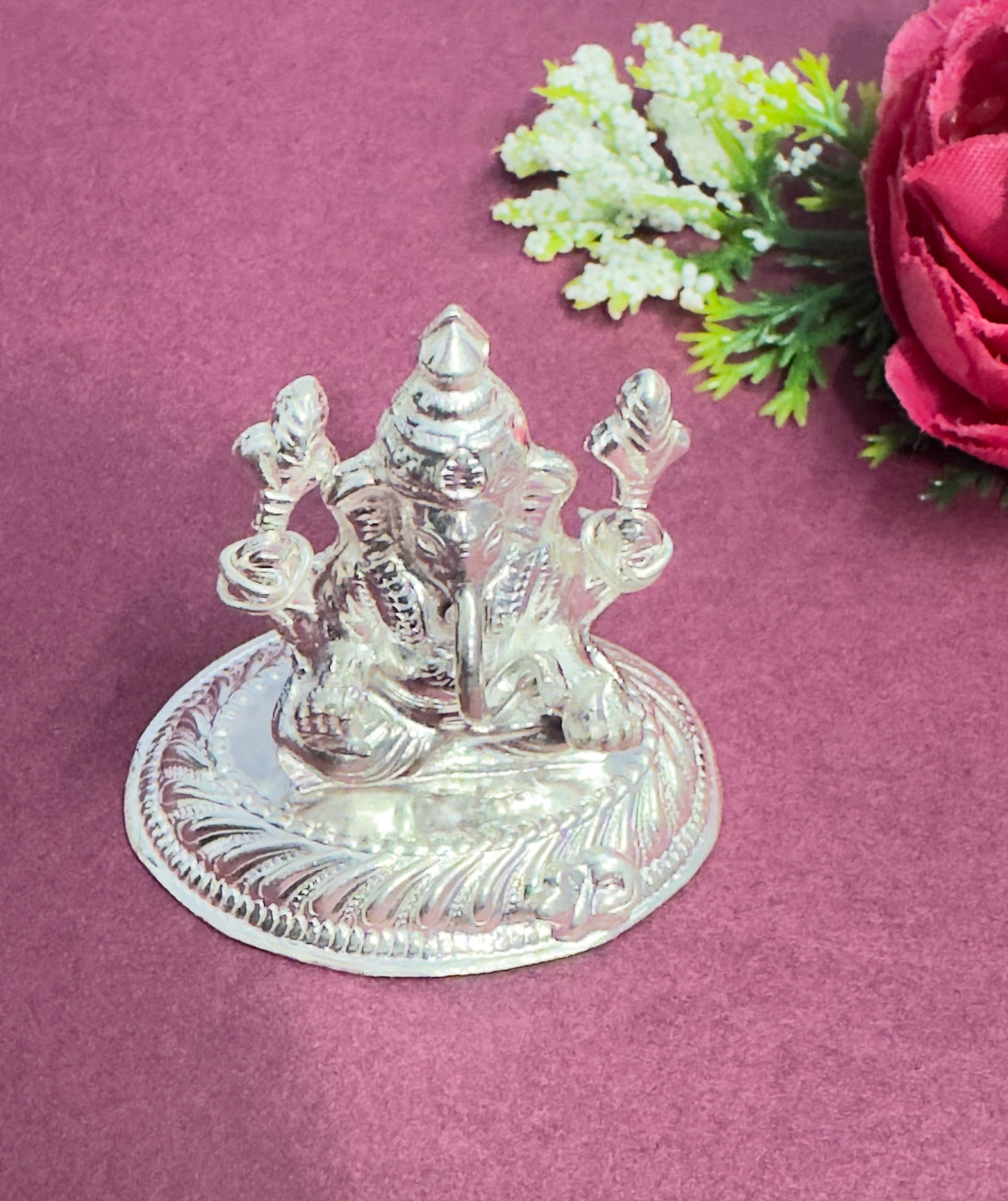 Silver Ganesh Idol for Puja - 925 Sterling Ganesha Murti Lotus﻿