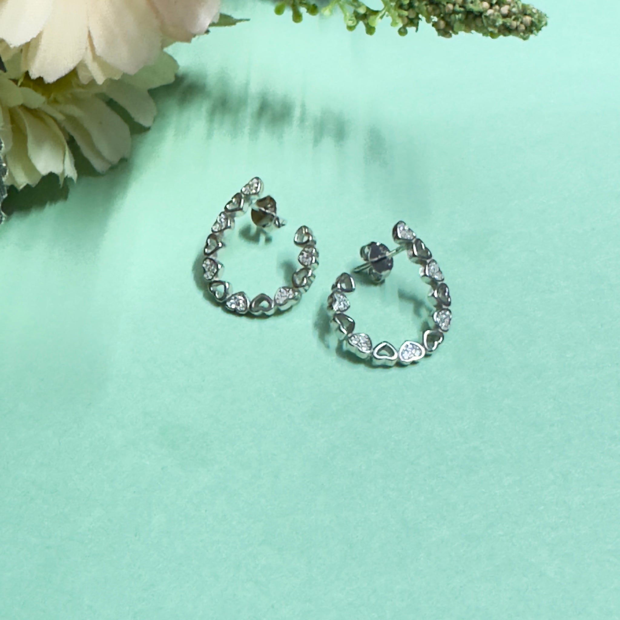 92.5 Sterling Silver Heart-Shaped Hoop Earrings with CZ Stones for Women