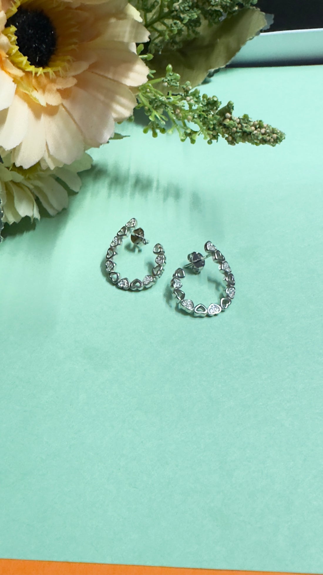 92.5 Sterling Silver Heart-Shaped Hoop Earrings with CZ Stones for Women