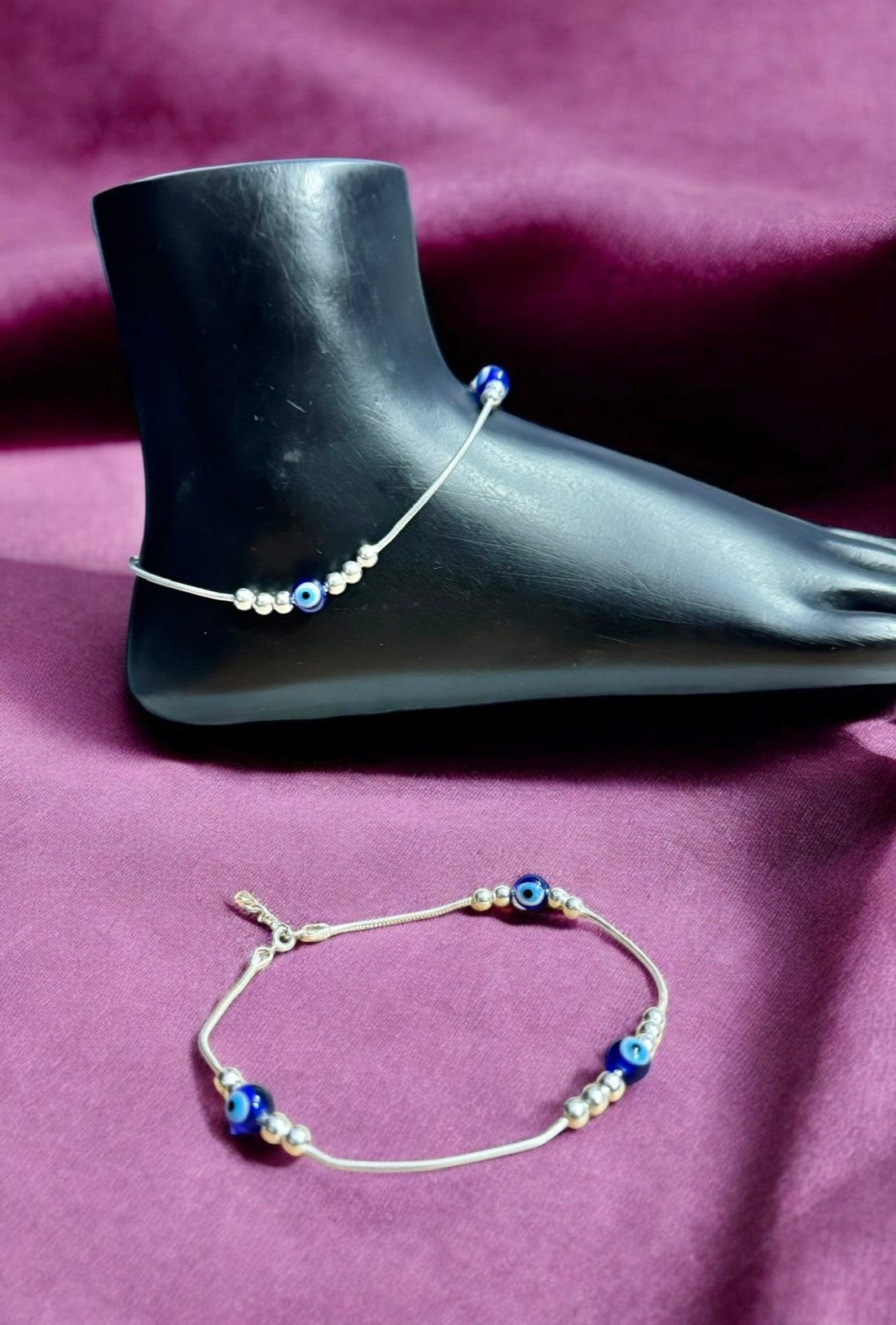 Evil Eye Anklet with Silver Balls in 925 Silver Rhodium