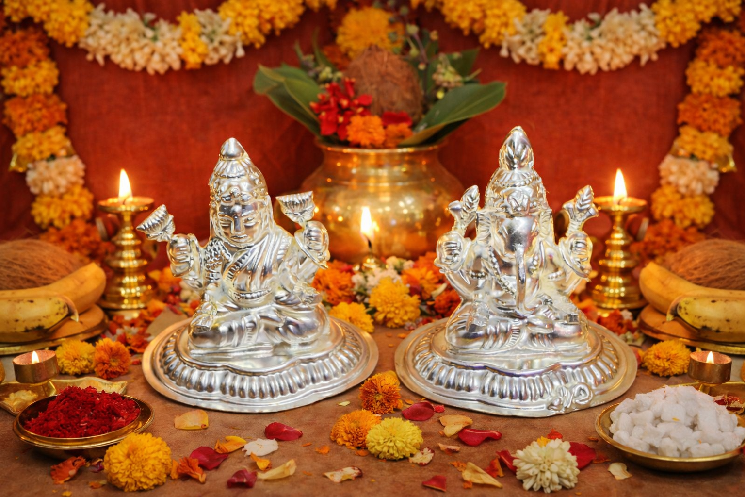 Handcrafted silver Laxmi Ganesh murti with fine detailing