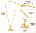 Gold necklace with a 'MOM' initial pendant and chain measurements shown in detail callouts on a white background.