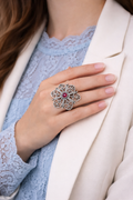 92.5 HM Silver Flower Ring With Green Semi Precious Stone Antique Finish