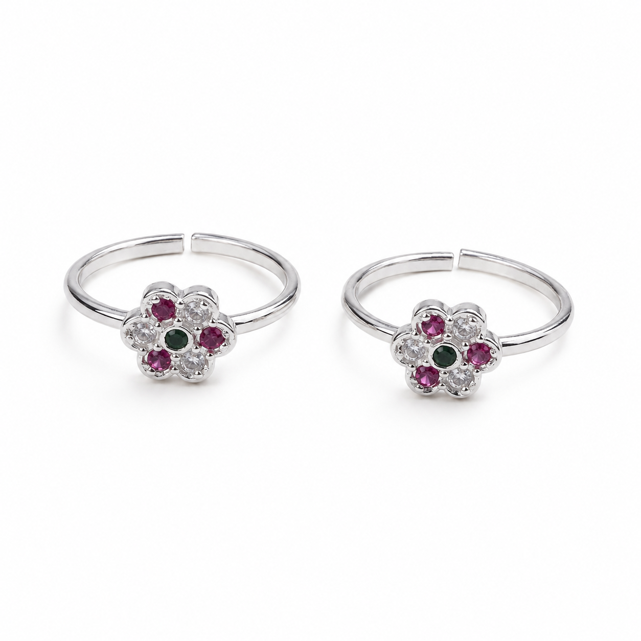 Pink and Green Stone Floral Toe Ring Pair