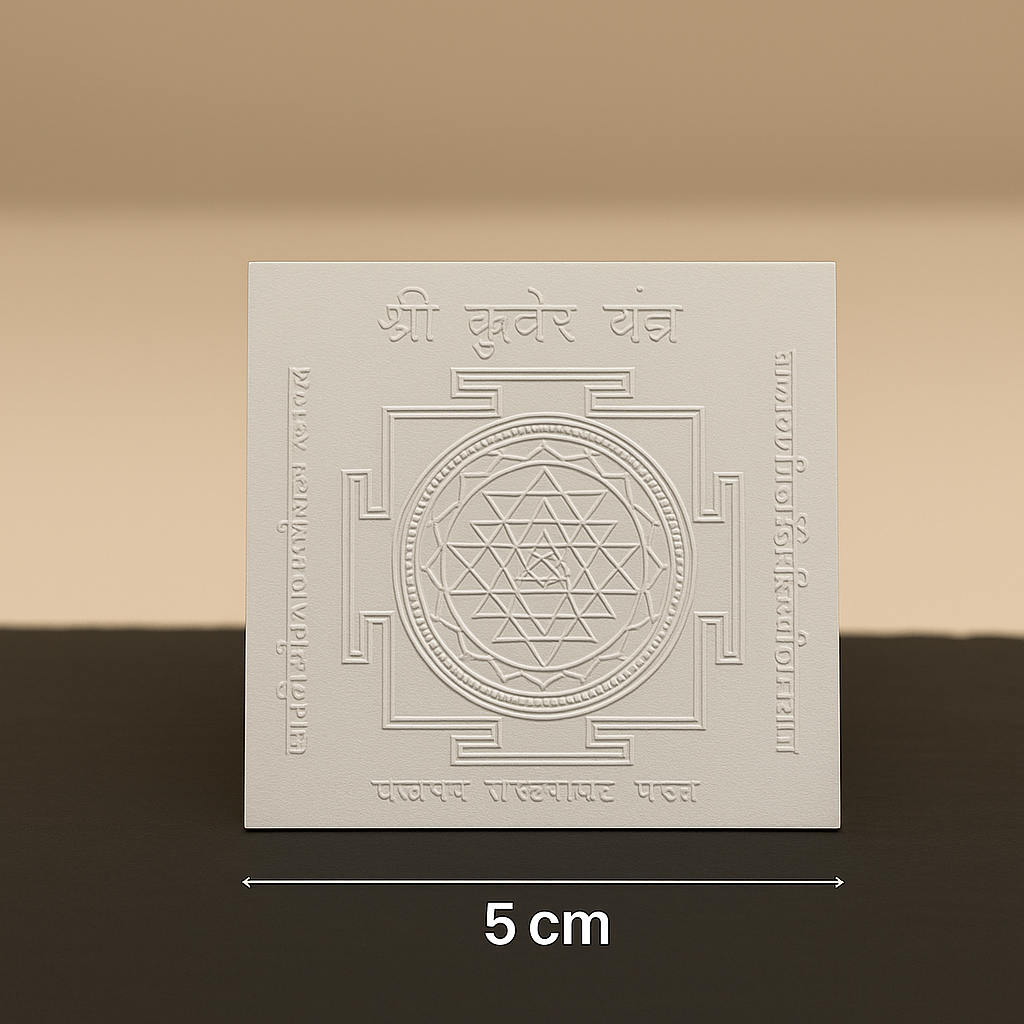 High-resolution silver Kuber Yantra for wealth and prosperity, featuring intricate Hindu symbols and mantras
