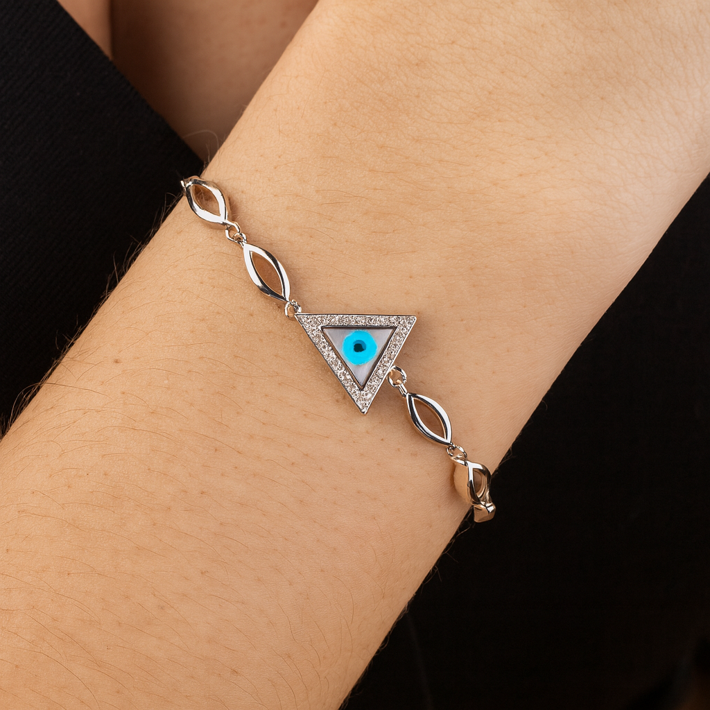 925 Silver Evil Eye Triangle Bracelet with Blue Charm for Women